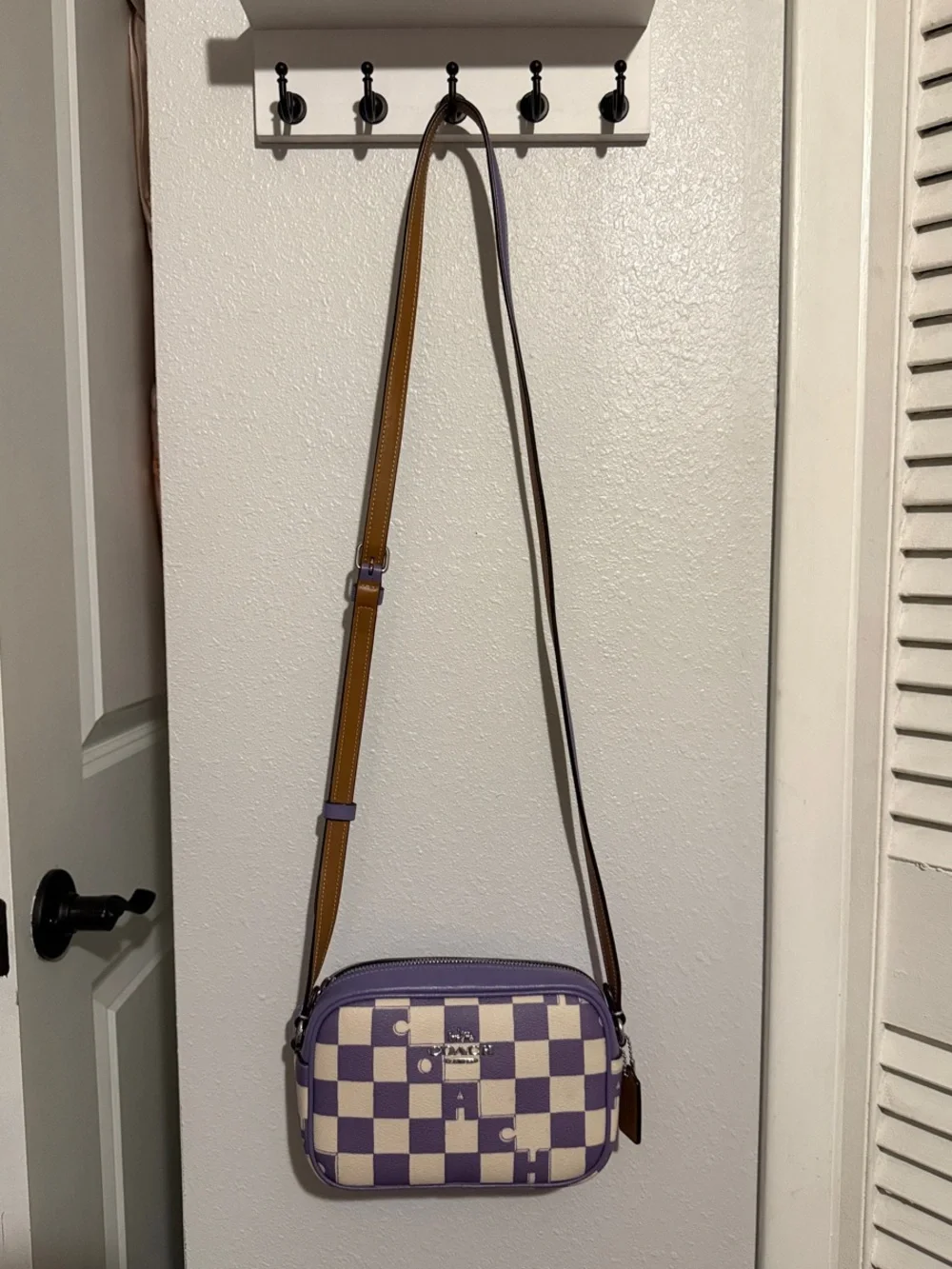 COACH Purple Checkered Camera  Bag with Tan and Purple Strap